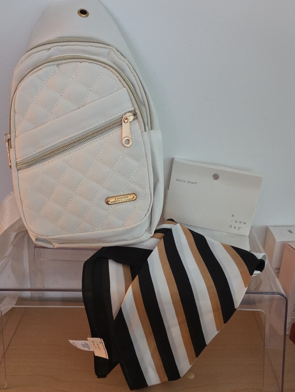 Quilted NWOT cream Sling Backpack & NWT A New Day Scarf Bundle